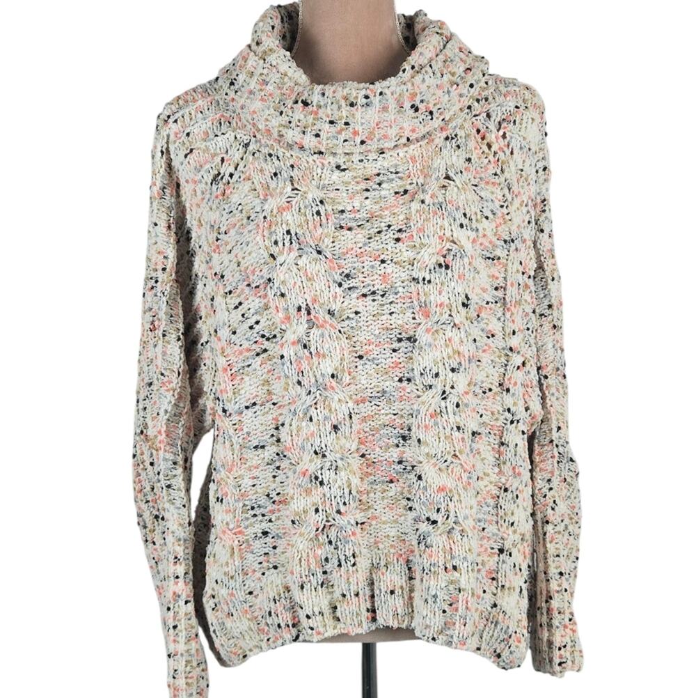 Moon & Madison Cowl Neck Sweater Chunky Knit Oversized Cropped Confetti Cream L
